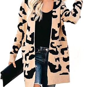 New Women's Leopard Knit Open Front Long Maxi Cardigan Jacket Duster Pockets Sm